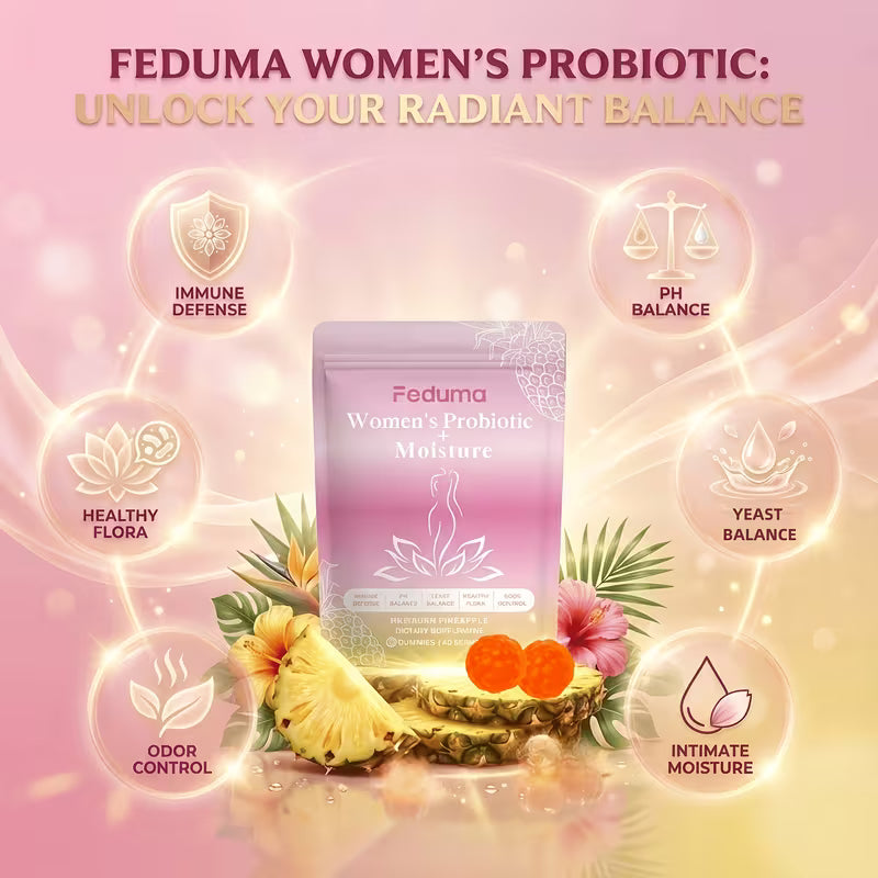 Feduma Women's Probiotic package with benefits on a pink background