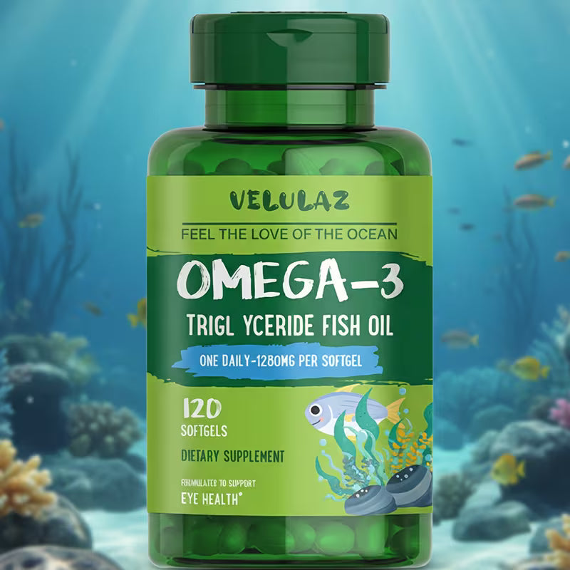 Green bottle of Velulaz Omega-3 fish oil with an underwater scene background