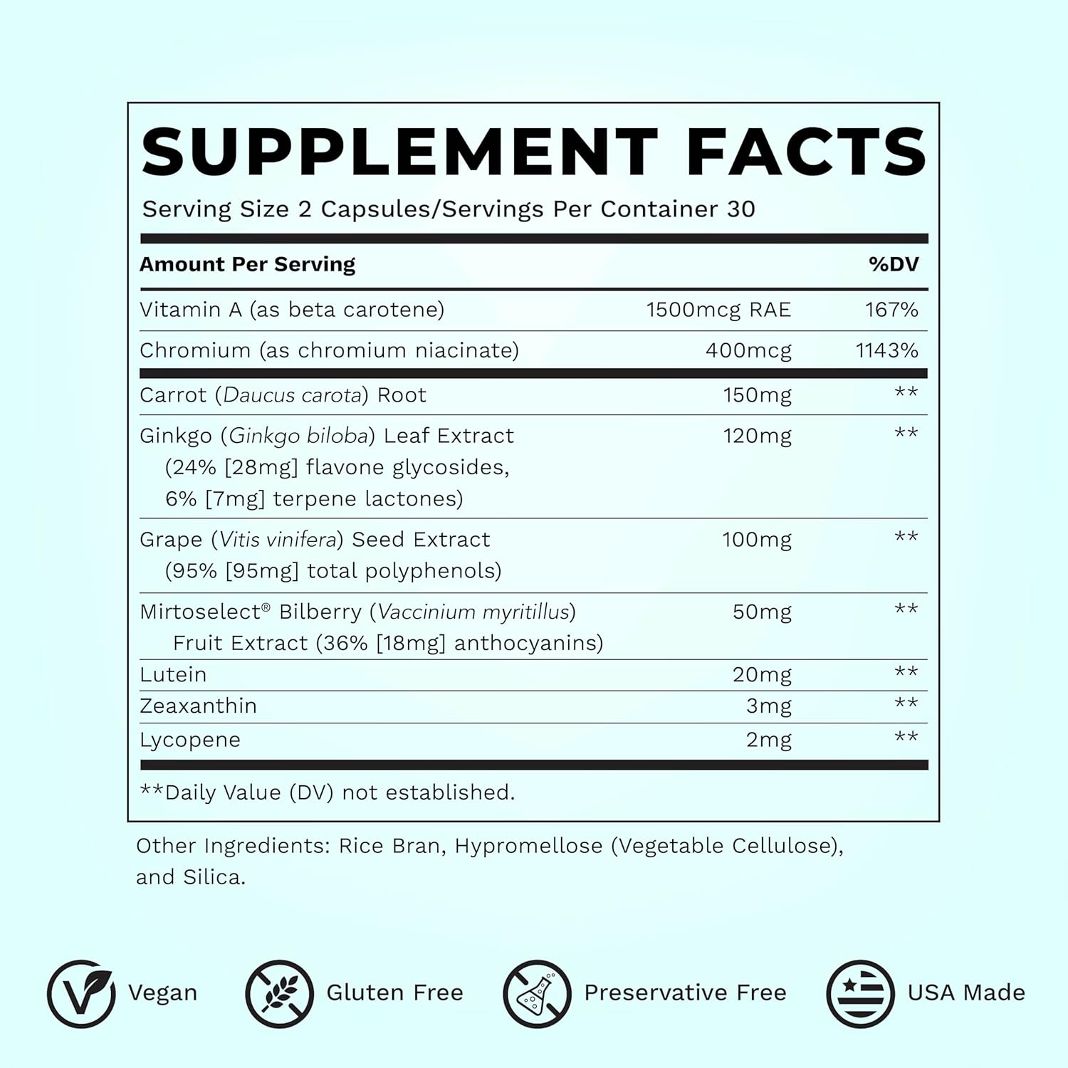 Supplement facts label with various nutrients listed on a light blue background