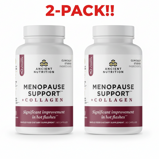Two Ancient Nutrition Women's Menopause Support + Multi Collagen 60 count bottles displayed side-by-side, clearly indicating "Double Pack" or "2-Pack Bundle.