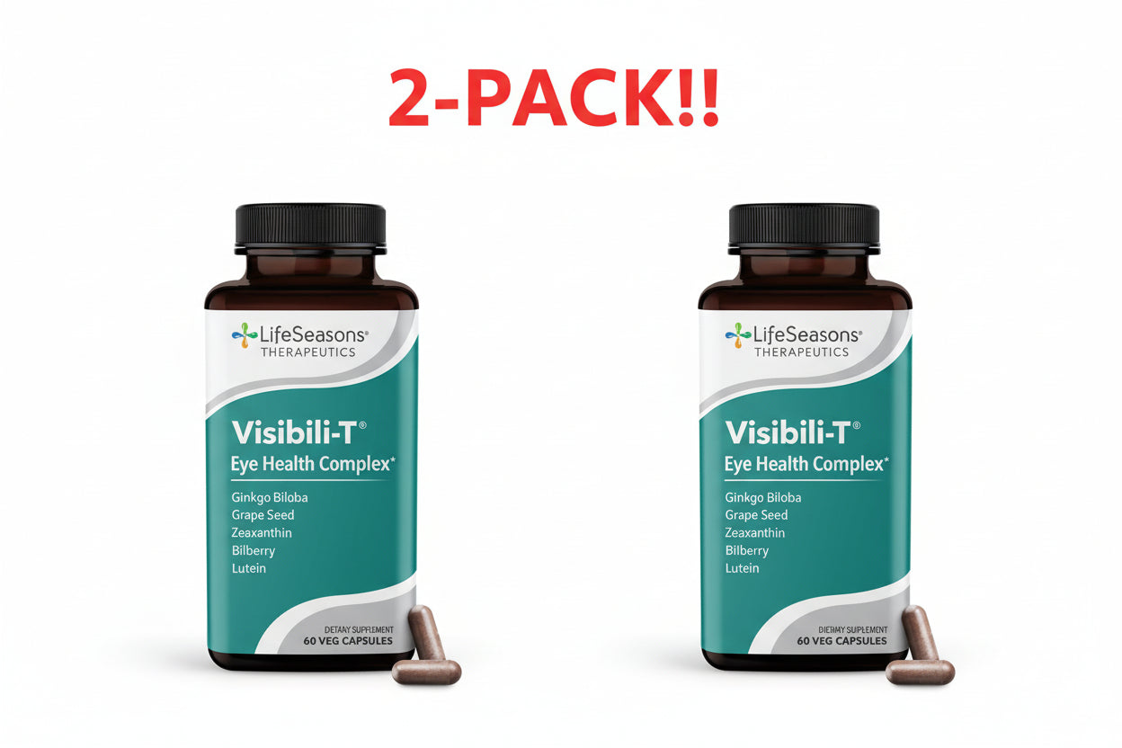 Two bottles of LifeSeasons Therapeutics Visibili-T Eye Health Complex on a white background with '2-Pack!' text.