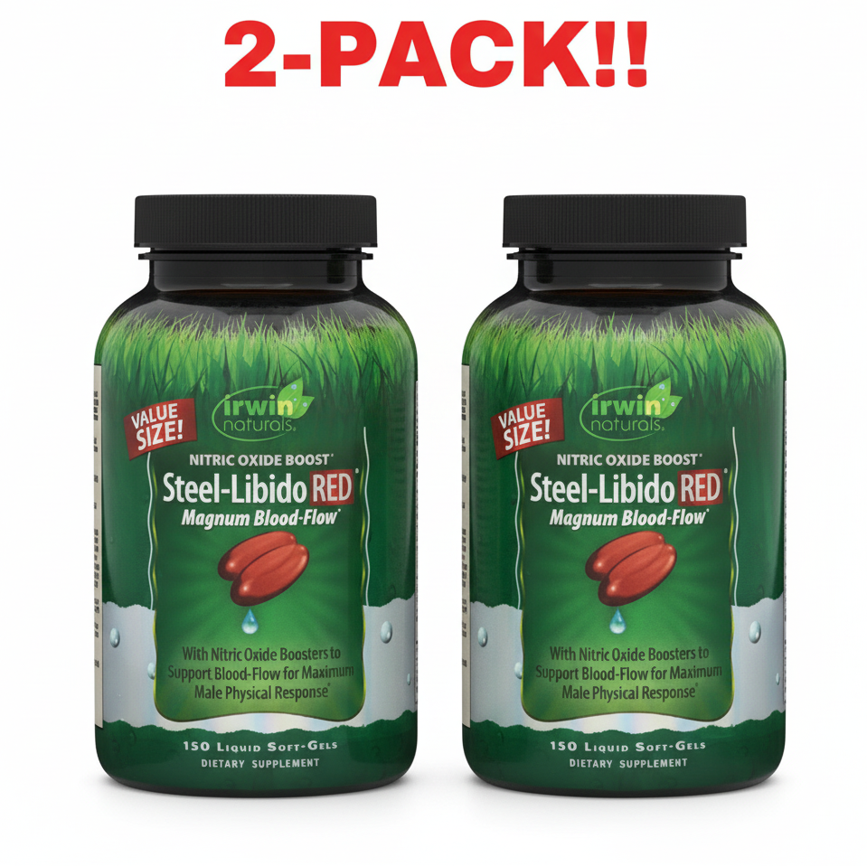 Two bottles of Irwin Naturals Steel-Libido RED supplement with a '2-Pack!' label on a white background.