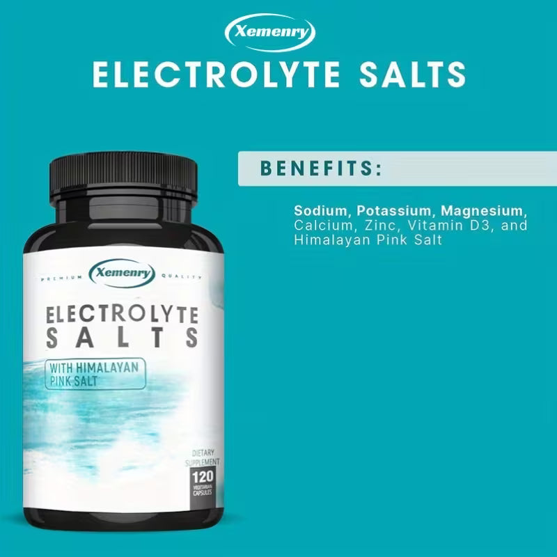 Bottle of Xemenry Electrolyte Salts with benefits listed on a blue background