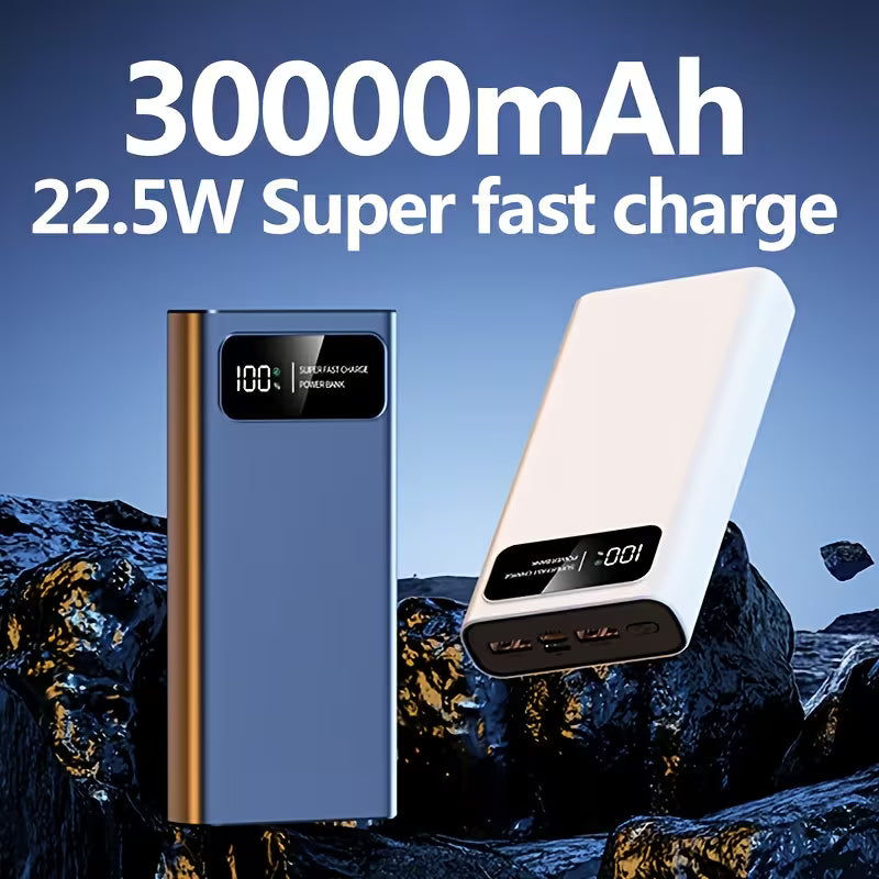 Two power banks with '30000mAh' and '22.5W Super fast charge' text against a mountainous background.
