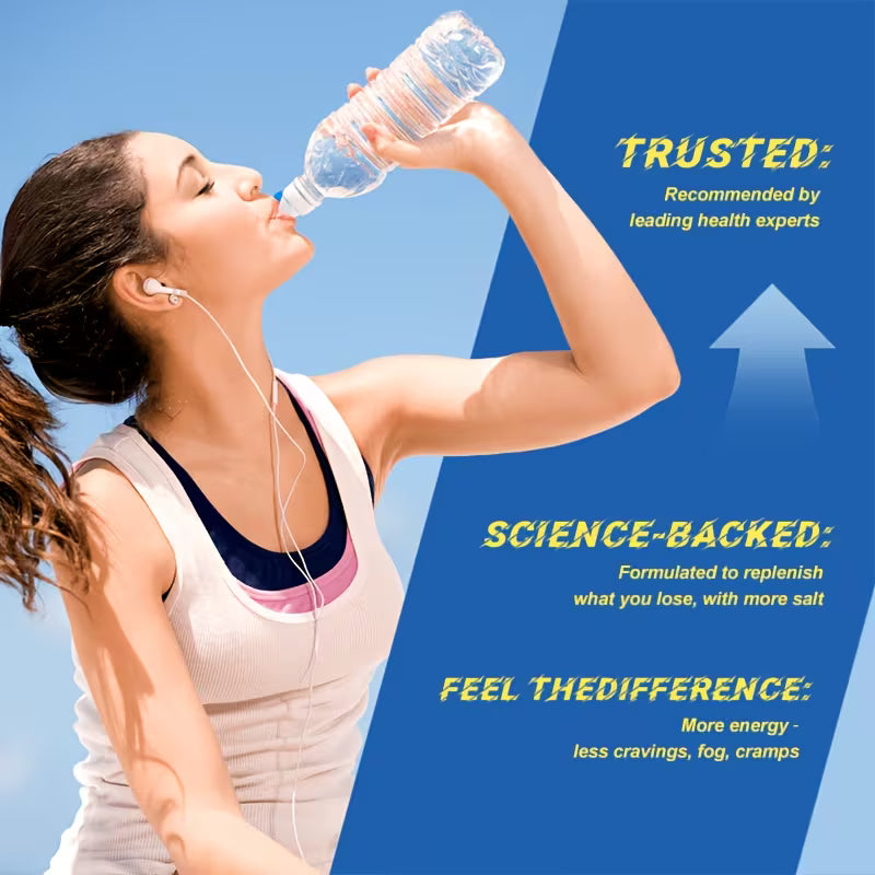 Woman drinking water with earbuds, promoting a health product with text about science and trust.