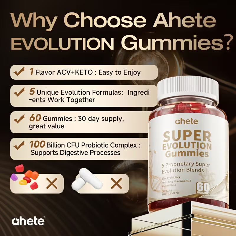 Promotional image of Ahete Evolution Gummies with product details on a dark background