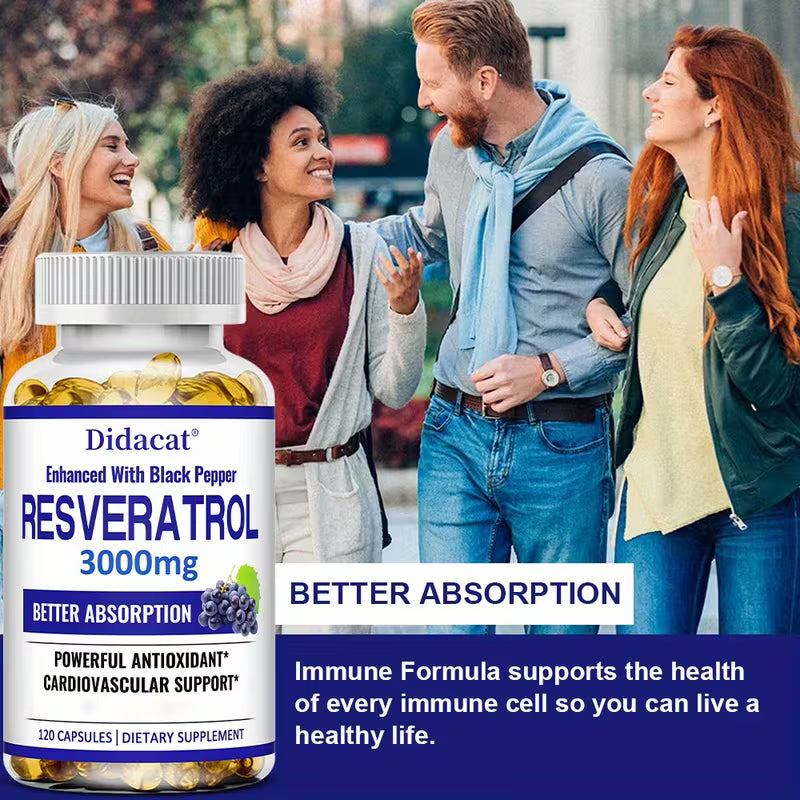 Supplement bottle labeled 'Didacat Resveratrol 3000mg' with people in the background