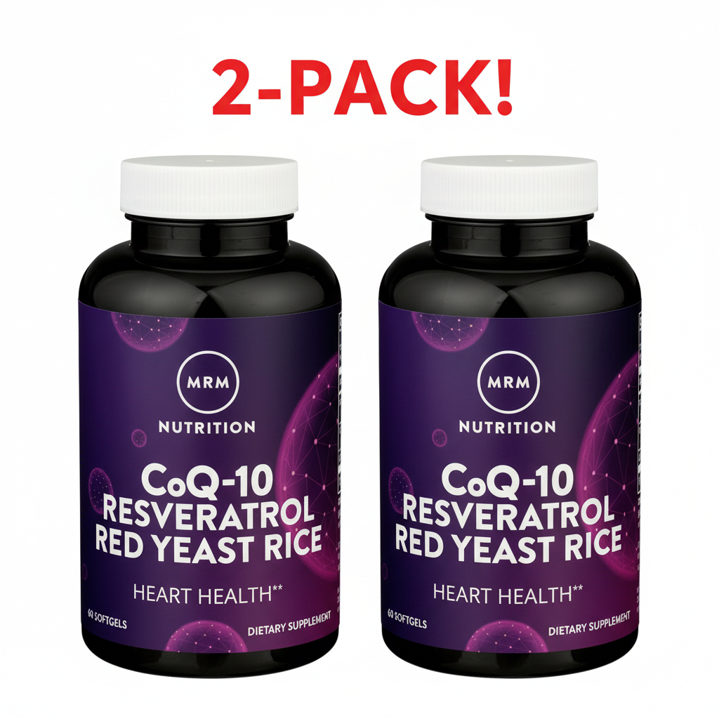Supplement bottle labeled 'CoQ-10 Resveratrol Red Yeast Rice' by MRM Nutrition on a white background