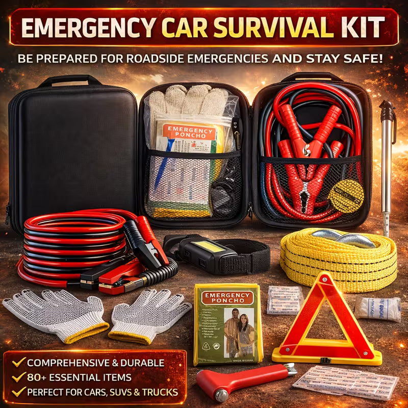 Emergency car survival kit with various tools and items on a wooden surface.