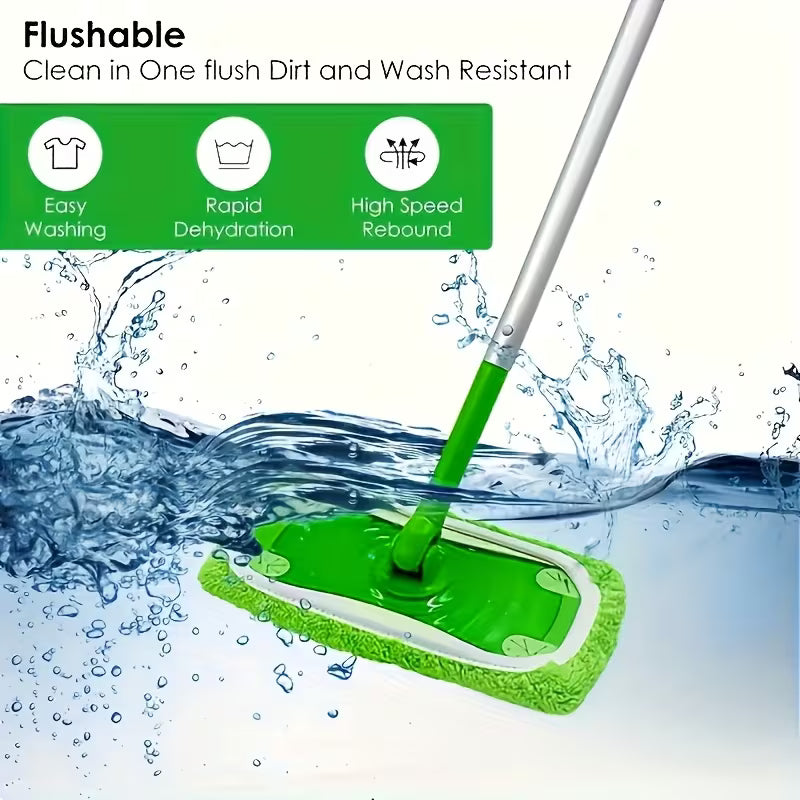 Green cleaning tool with water splashes and text indicating features like 'Easy Washing', 'Rapid Dehydration', and 'High Speed Rebound'.