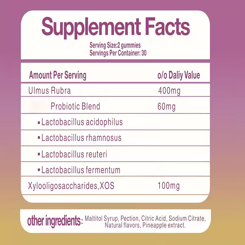 Supplement facts label with ingredients on a gradient background