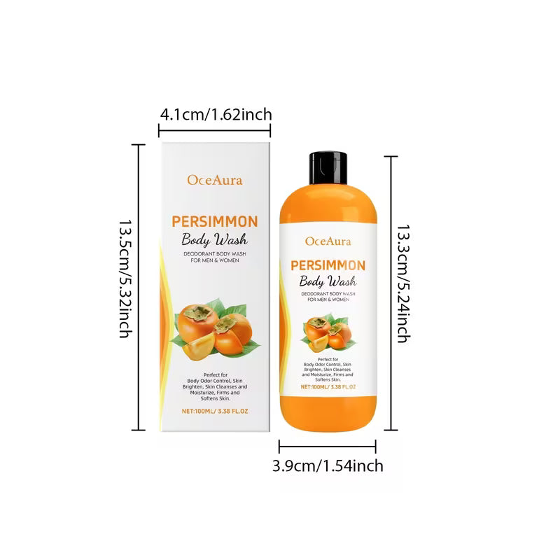 OceAura Persimmon Body Wash packaging with dimensions on a white background