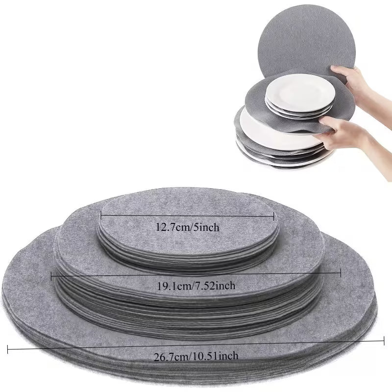 Set of gray round felt coasters with measurements on a white background