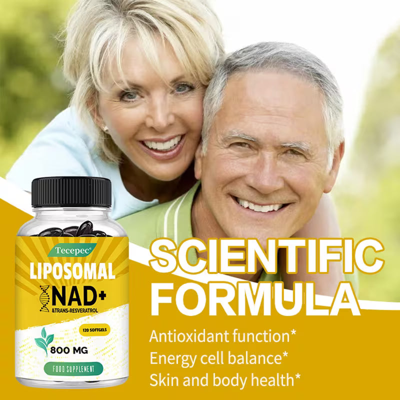 Bottle of Tepepec Liposomal NAD+ supplement with a smiling elderly couple in the background