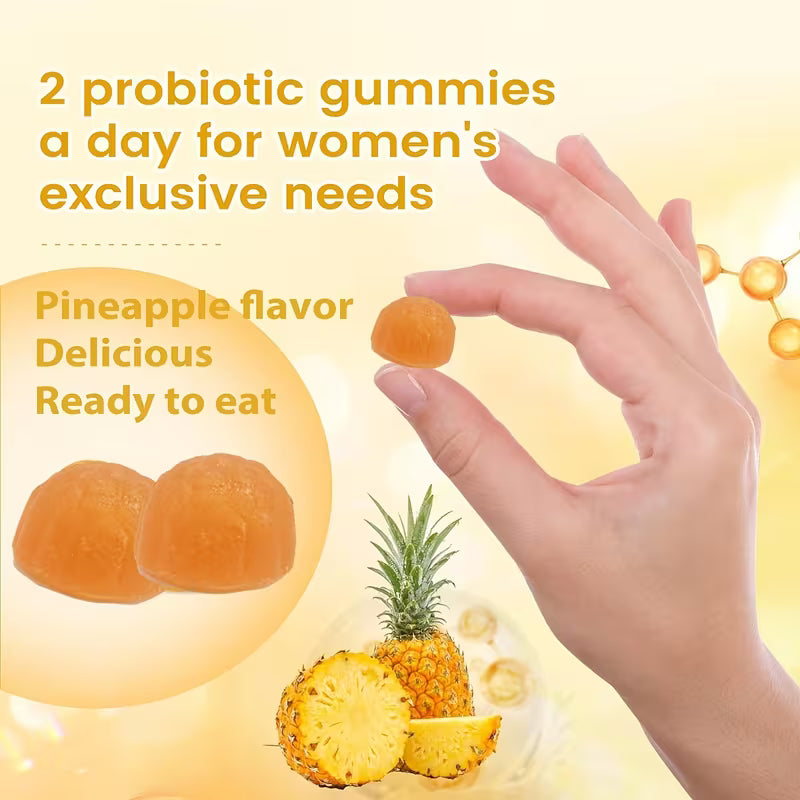 Probiotic gummies with pineapple flavor, held by a hand, on a yellow background.