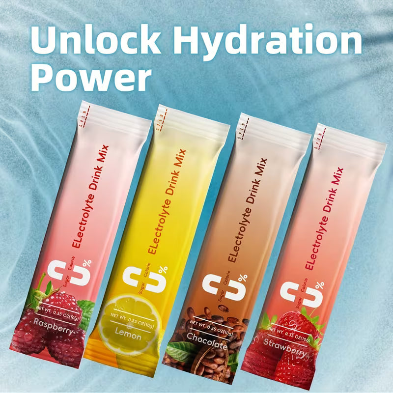 Four electrolyte drink mix packets with different flavors on a blue background