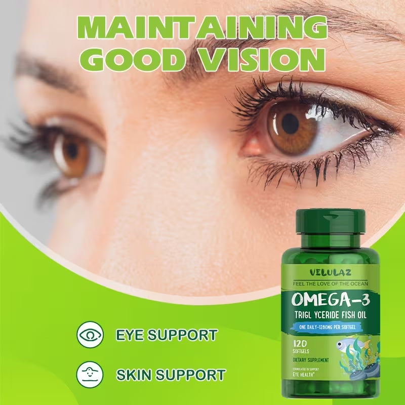 Eye with brown iris and green background featuring a bottle of Velulaz Omega-3 fish oil.