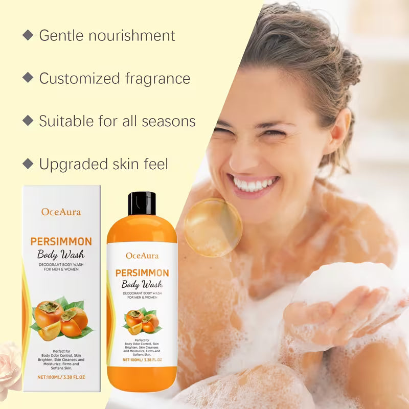 OceAura Persimmon Body Wash with a woman in a bathtub and product packaging.
