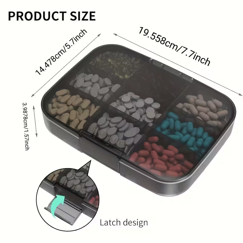 Product size chart with a container holding small stones and a latch design illustration.