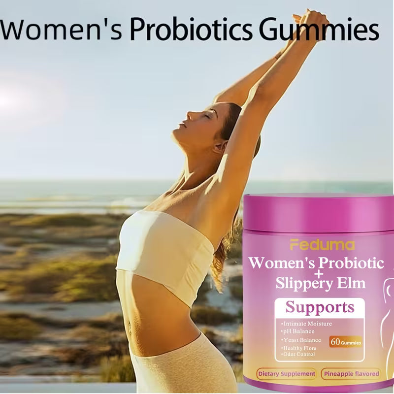 Woman stretching outdoors with Feduma Women's Probiotic Gummies container in the foreground.