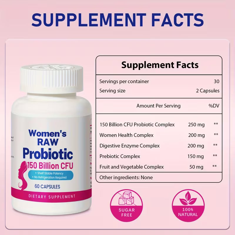 Women's RAW Probiotic supplement bottle with label and supplement facts on a pink background