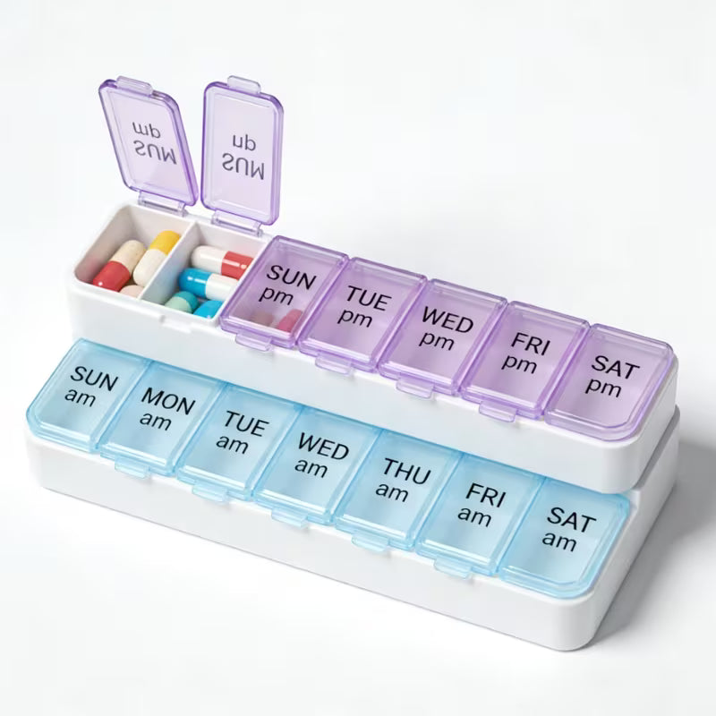 Weekly pill organizer with compartments for different days of the week on a white background