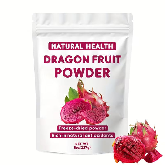 Package of natural health dragon fruit powder with dragon fruit graphics on a white background