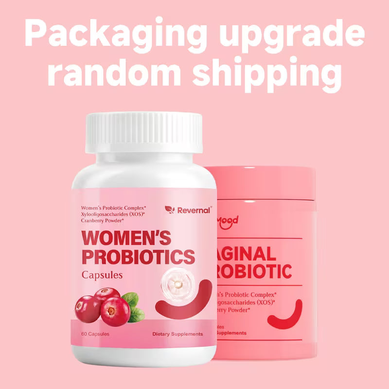 Bottle of women's probiotics with a pink background and text about packaging upgrade and random shipping.