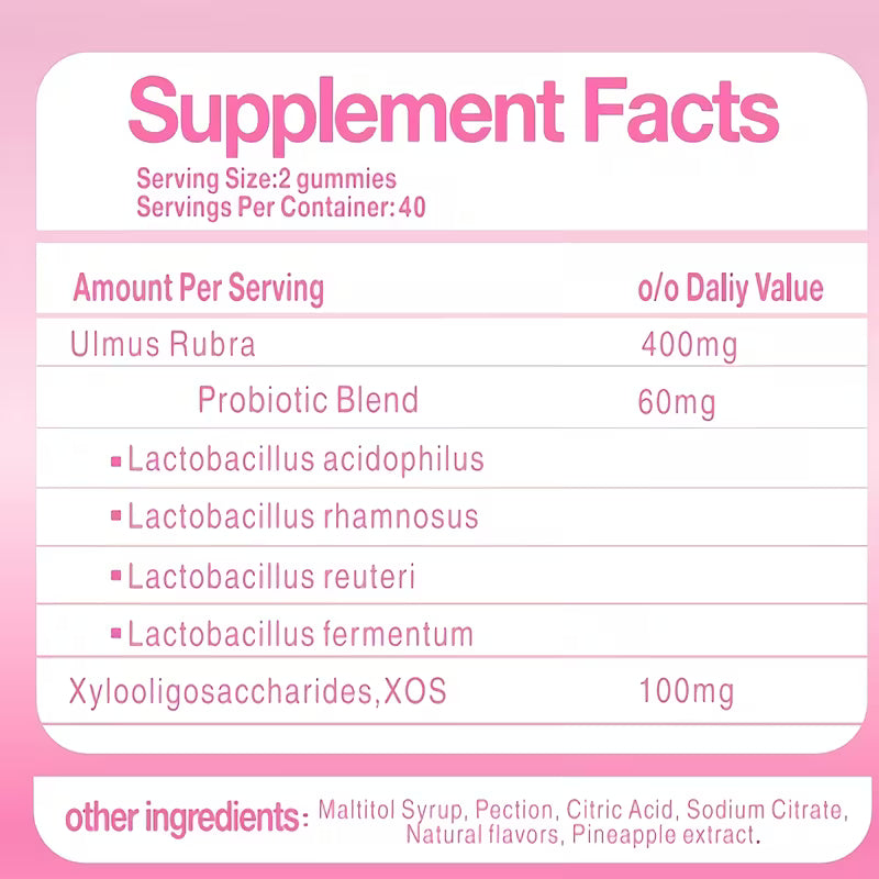 Supplement facts label for gummy vitamins with Ulmus Rubra and probiotic blend on a pink background.