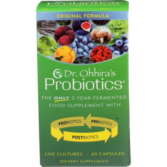 Dr. Ohhira's Probiotics packaging with a green background and colorful graphics of fruits and vegetables.