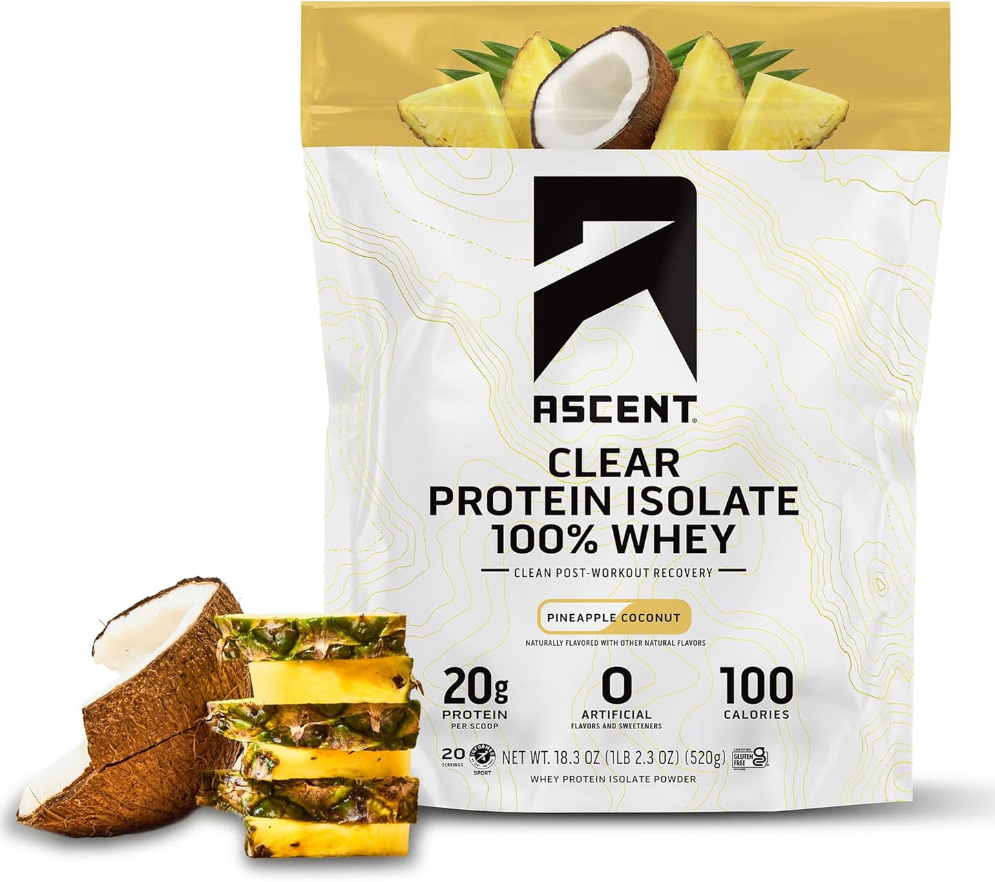 Ascent clear protein isolate packaging with pineapple and coconut graphics on a white background