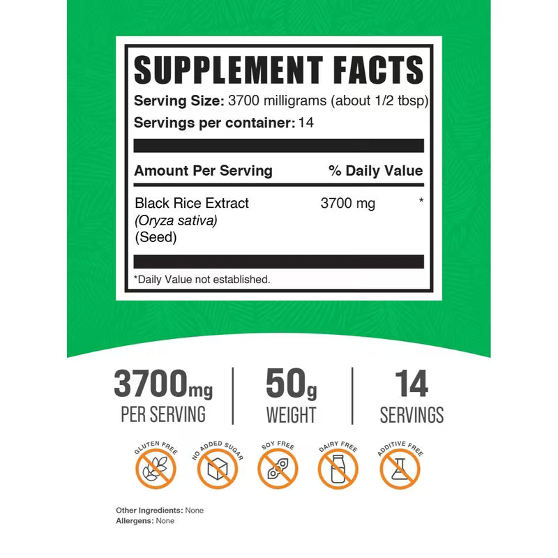Supplement facts label for black rice extract on a green background