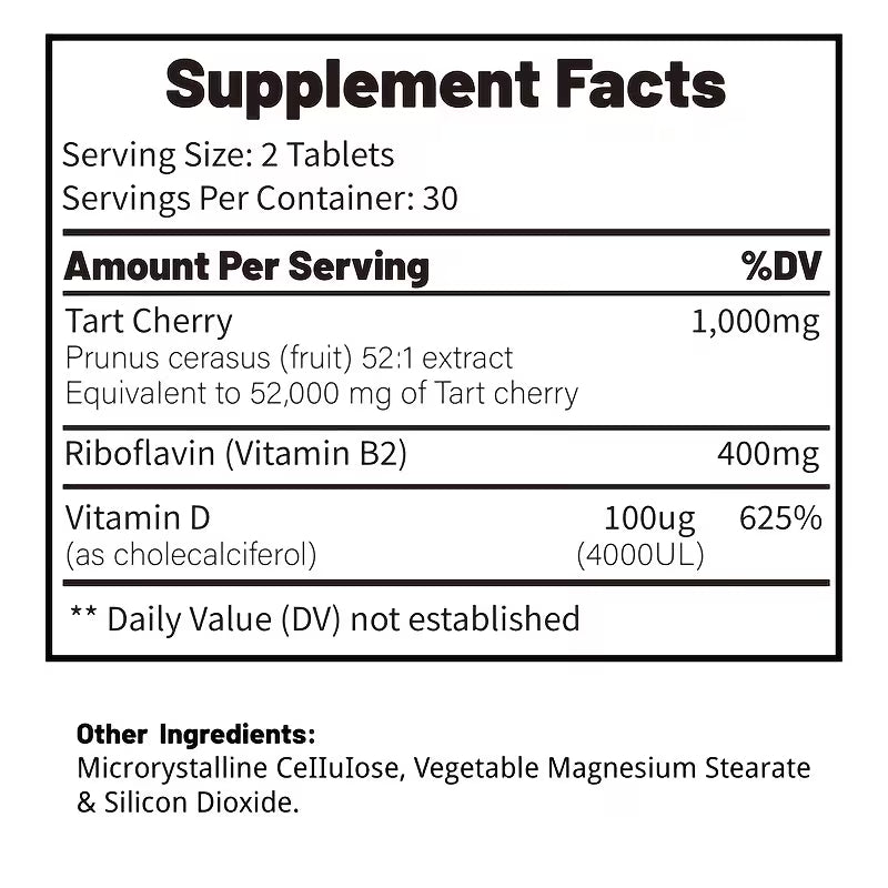 Supplement facts label with tart cherry and vitamin D content on a white background