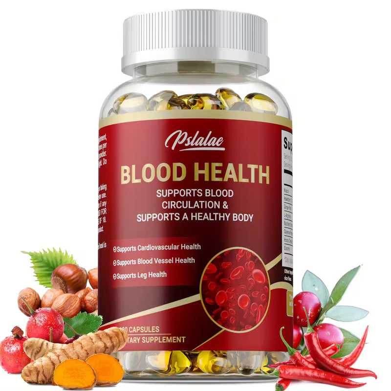 Supplement bottle labeled 'Blood Health' with ingredients on a white background