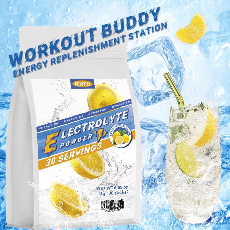 Austriite Electrolyte Powder package with a lemonade drink on a blue icy background