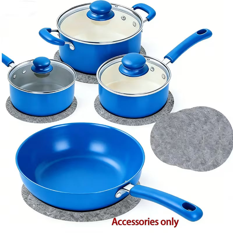 Set of blue cookware with lids on gray circular stands, including a frying pan.