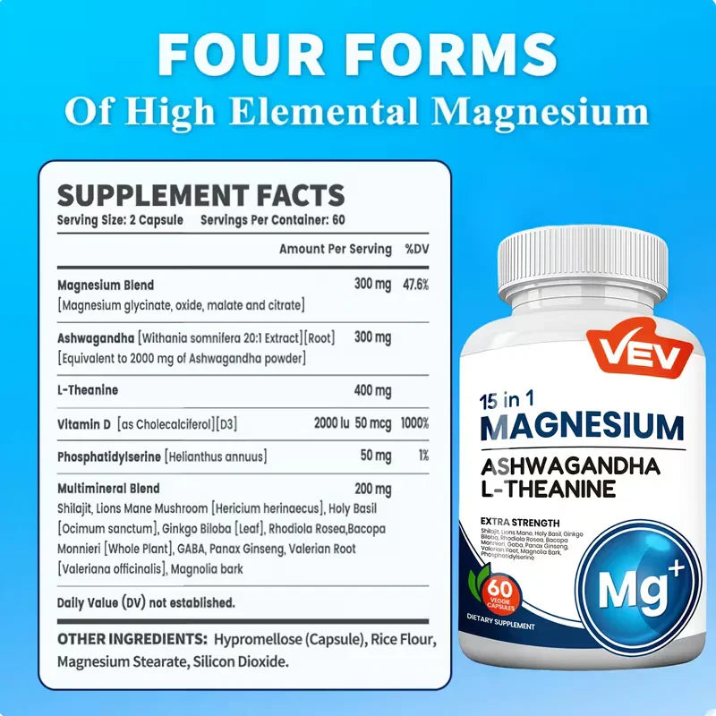 300mg Magnesium Complex Stress & Sleep Support With Ashwagandha, L-Theanine, Glycinate Citrate Malate (60 Capsules - 2 Pack) Peaceful Pleasures Health and Wellness