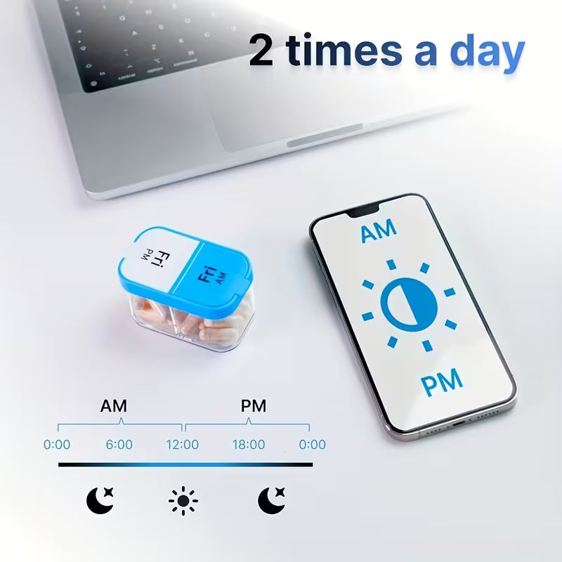 Pill organizer with AM/PM labels next to a smartphone displaying AM/PM icons, with a laptop in the background.