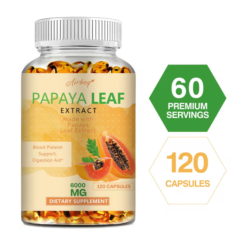 Bottle of Airboy Papaya Leaf Extract supplement with label and capsule count on a white background