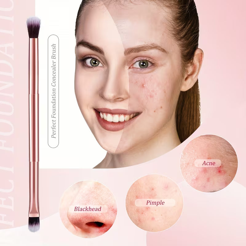 Cosmetic brush with a split-face comparison and skin imperfection illustrations on a pink background