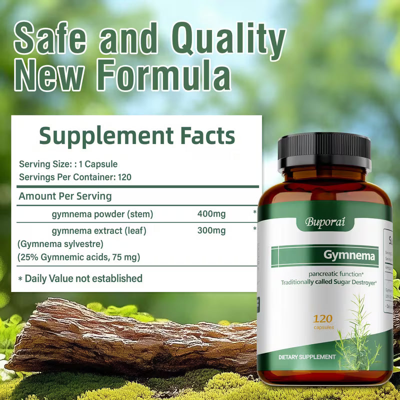 Buporal Gymnema supplement bottle with supplement facts label on a natural background
