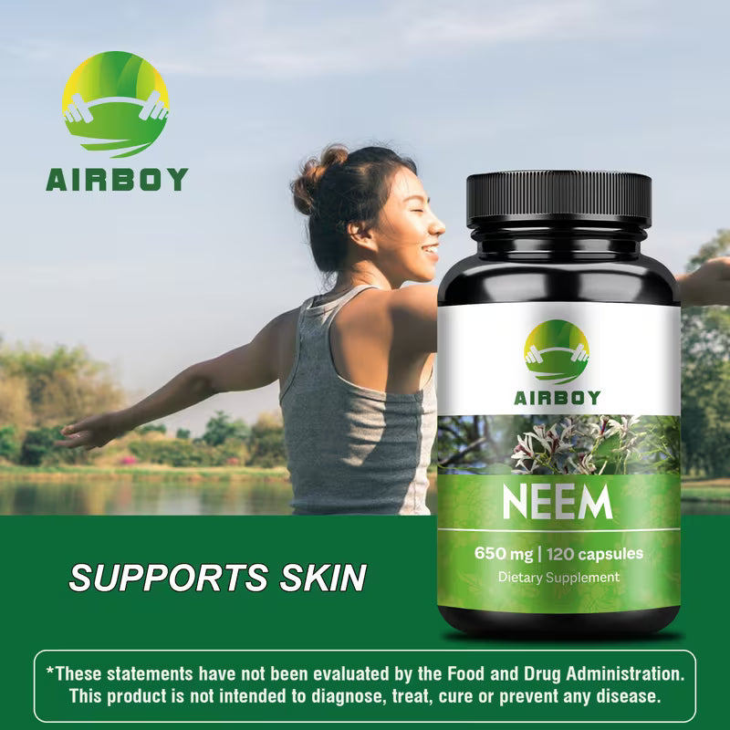 Airboy Neem supplement bottle with a woman exercising outdoors, featuring the Airboy brand logo.