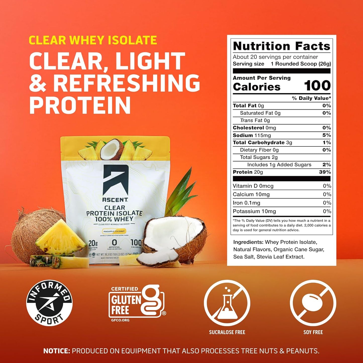 Ascent Clear Whey Isolate protein package with nutritional information on an orange background