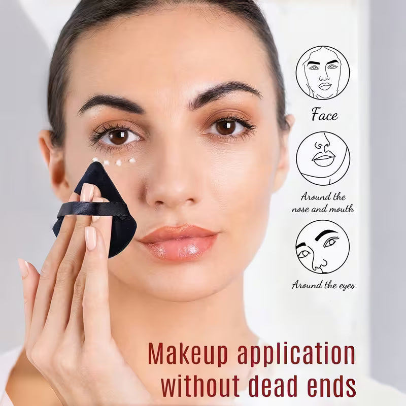 Woman applying makeup with a brush, surrounded by icons and text on a white background