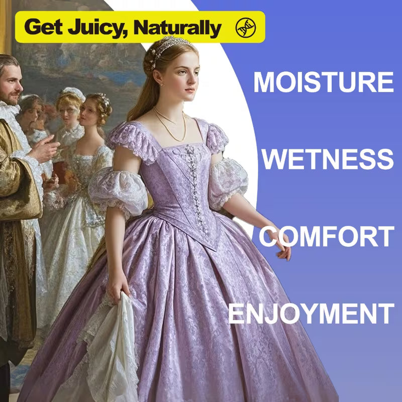 Woman in a historical dress with text about moisture, wetness, comfort, and enjoyment on a blue background.