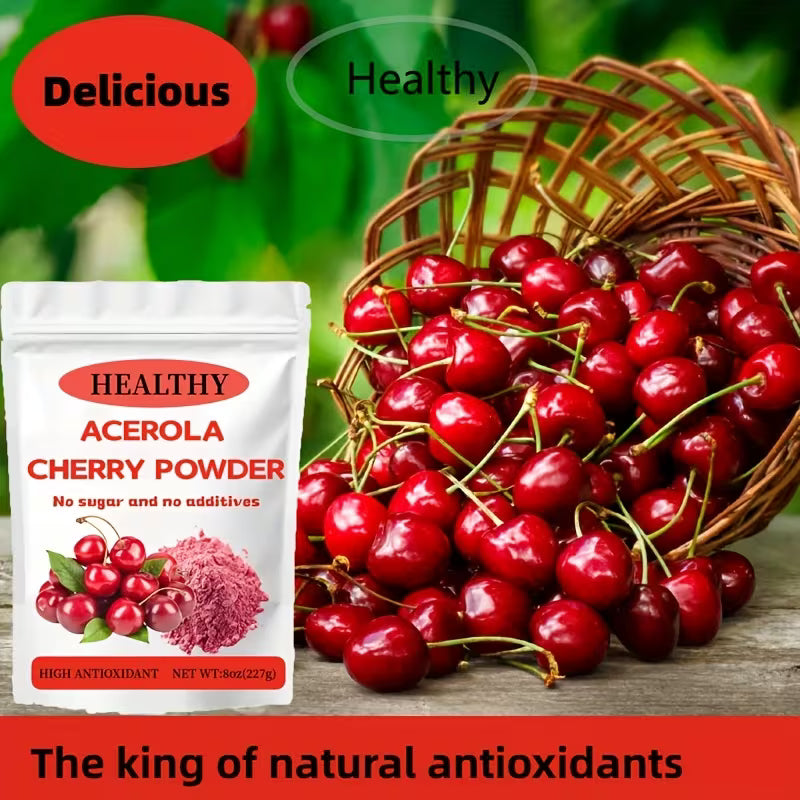 Acerola cherry powder package with a basket of cherries and text highlighting health benefits.