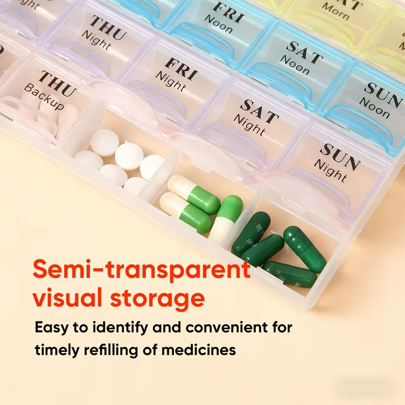 Weekly pill organizer with medications and text highlighting semi-transparent visual storage.