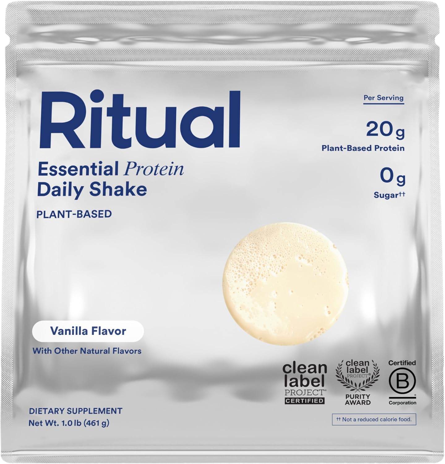 Ritual Essential Protein Daily Shake package with vanilla flavor and plant-based protein information.