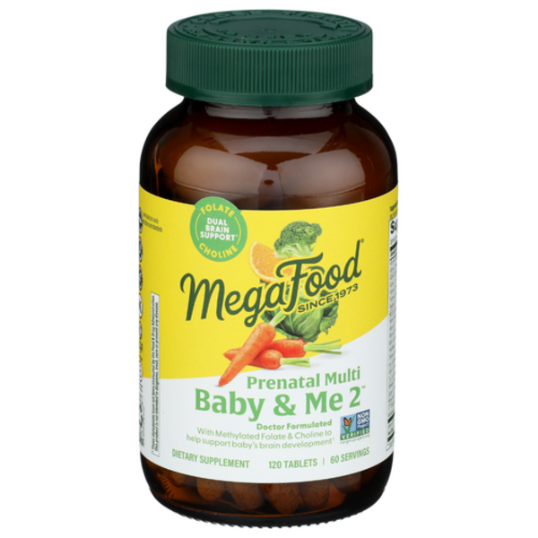 MegaFood Baby & Me 2 Prenatal Multi 120-count bottle. Doctor-formulated with Choline and Methylated Folate.