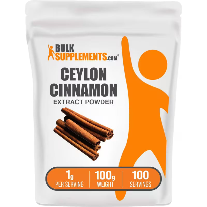 Package of Bulk Supplements Ceylon Cinnamon Extract Powder with cinnamon sticks illustration.